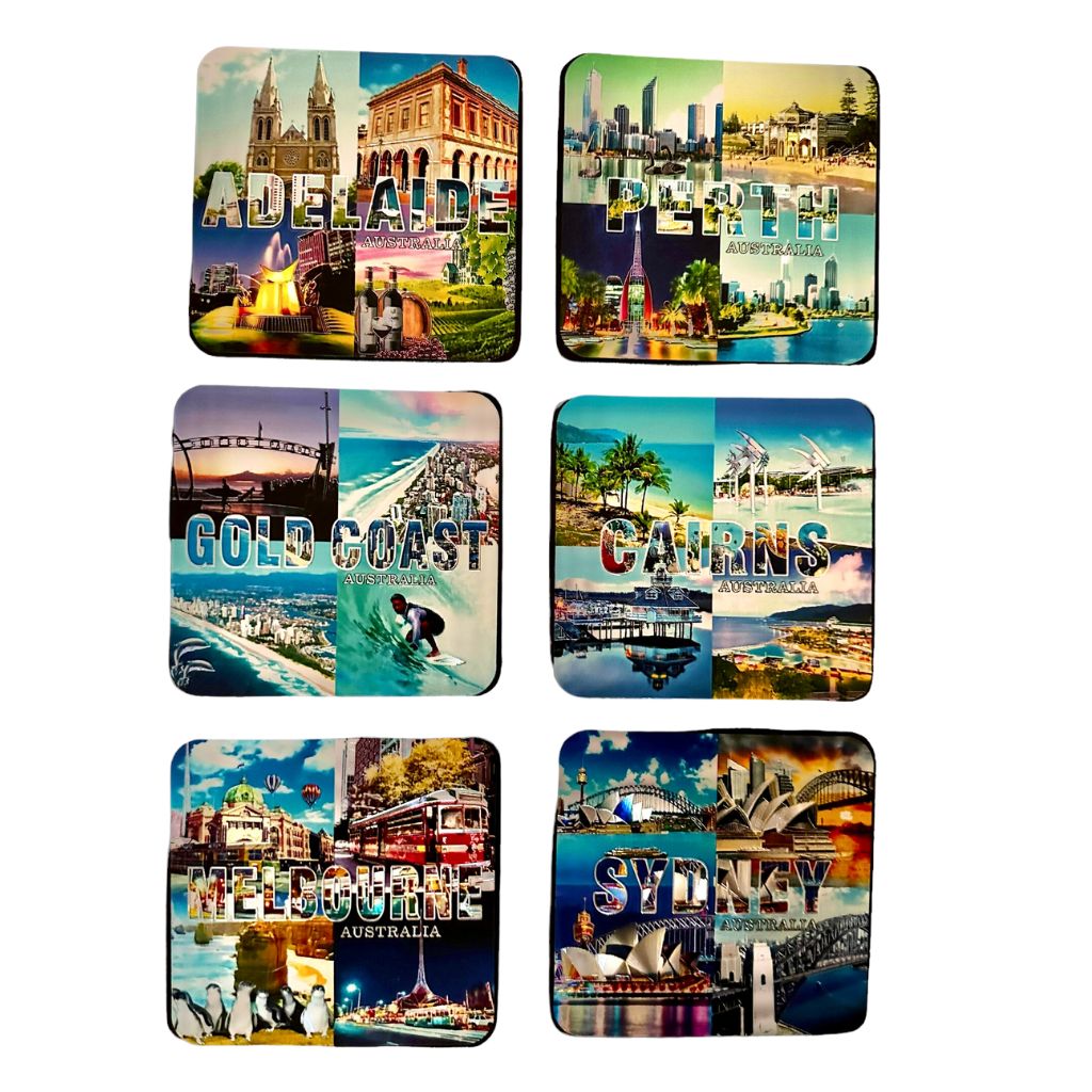 6pce Metallic Australian Cities Coaster Set Allanson Souvenirs