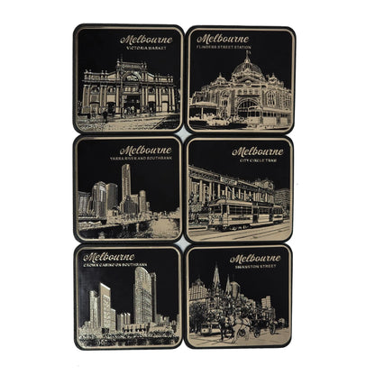 6-piece Black Melbourne Etched Coaster Set Allanson Souvenirs