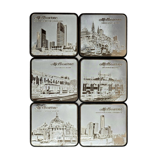 6-piece Silver Melbourne Etched Coaster Set Allanson Souvenirs