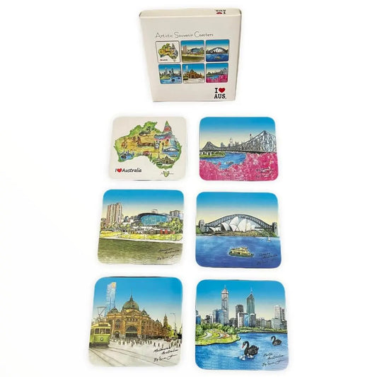 6pce Australia Capital Cities Cork Coaster Set Allanson Souvenirs