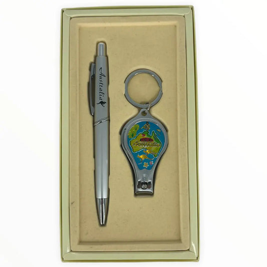 Blue Australia Map Nail Clipper/ Bottle Opener Keyring Pen Set Allanson Souvenirs