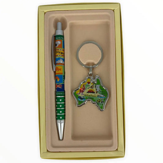 Green Australian Map Keyring Pen Set Allanson Souvenirs