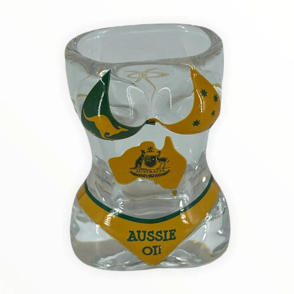 Green and Gold Bikini Shot Glass Allanson Souvenirs