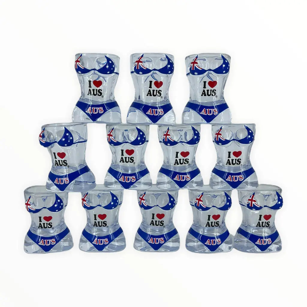 Set of 12 Flag Bikini Shot Glass Allanson Souvenirs